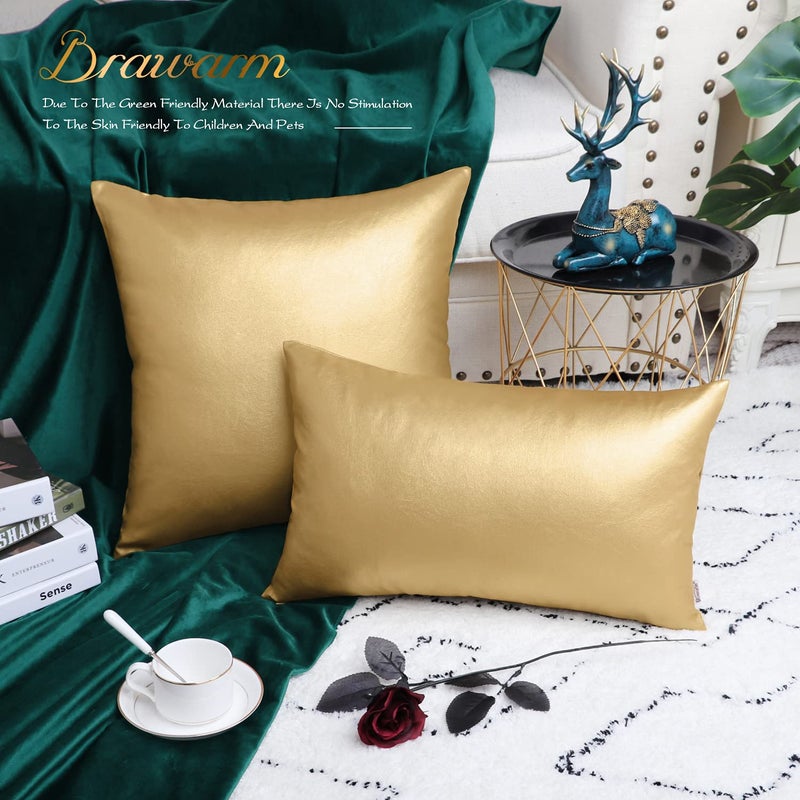 BRAWARM Faux Leather Throw Pillow Covers 16 X 16 Inches - Gold Leather Pilow Covers Pack of 2, Solid Dyed Leather Pillowcases for Couch Bed Sofa Garden Home Decorative - Image 4